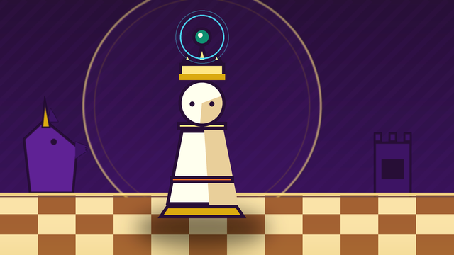 An oversized cel-shaded ivory King piece in a spiked gold crown with a teal crest gem circled by a cyan ring, standing on a gold-framed checkerboard floor in front of a gold-rimmed halo, a small violet unicorn knight and tower rook flanking it against a deep-violet backdrop.