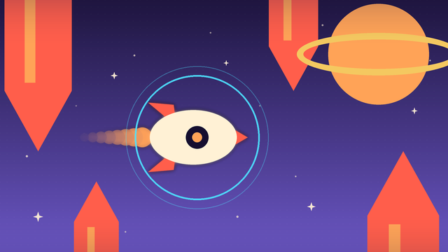 A cream rocket inside a glowing cyan ring, coral crystal spires above and below and a ringed orange planet, against a dusk purple starfield.