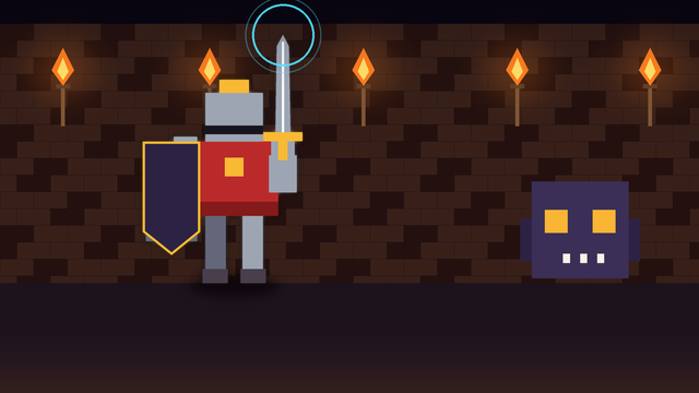 A steel-and-crimson pixel knight raises a glowing sword in a torchlit brick corridor as a purple block monster lurks nearby.