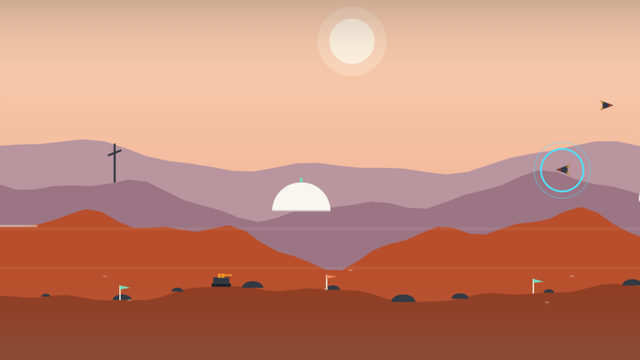 A wide frontier ridge at high noon, layered dun mountains under a pale sun, with survey flags, white colonist haulers, and a rogue drone marked by a signal ring.