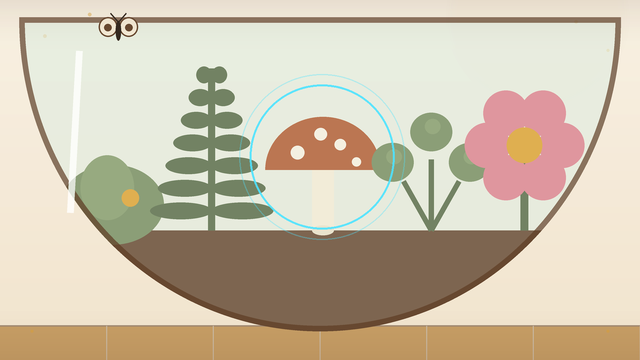 A cotton-paper scene of a glass terrarium bowl on a potting bench, holding moss, a fern, a red-capped mushroom, clover, and a flower under a warm sun, with a moth in flight and a signal-cyan ring on the mushroom.