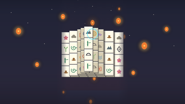 Mahjong tiles stacked above a night river with rising paper lanterns.