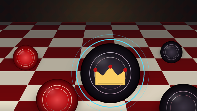 A crowned black checkers king ringed in cyan on a lacquered red and ivory board that runs off every edge, red and black discs scattered around it under a dark club room ceiling.