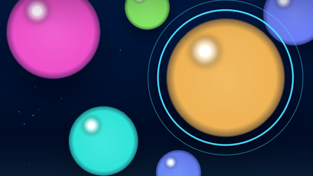 Rows of glowing colored bubbles fill a dark underwater board, one orange bubble circled by a cyan ring.