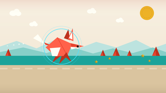 A large bold origami fox in coral and cream paper folds, mid-leap and ringed in signal cyan, over a teal ground band and red paper thorn cones, pastel teal mountains and a dashed gold sun behind.