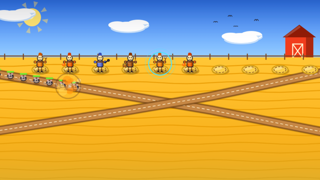 Six cartoon scarecrows in patched coats stand along a fence above crossing dirt roads in a wheat field, with a red barn to the right, a column of masked critters to the left, and a signal ring around one scarecrow under a bright blue sky.