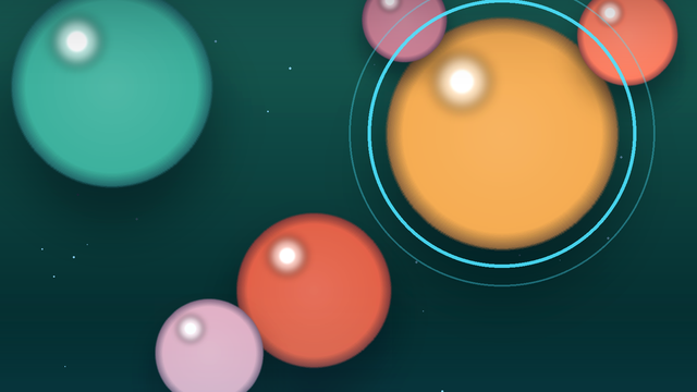 Glossy cartoon aquarium fish rendered as smooth orbs in teal, gold, coral, and pink drift across deep teal tank water, with a bright cyan ring circling one gold fish.