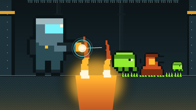 A pixel-art space marine fires across a glowing molten trench at aliens closing in, framed by amber-striped industrial bulkheads under hanging ceiling spikes.